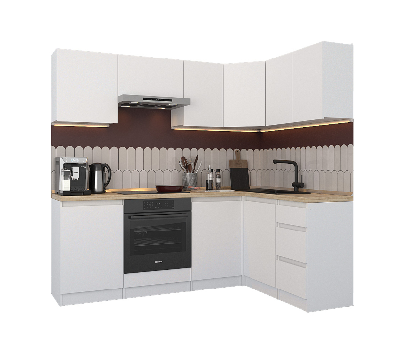 Кухонные гарнитуры, Кухонный гарнитур Леон угловой 210х140 см, белый