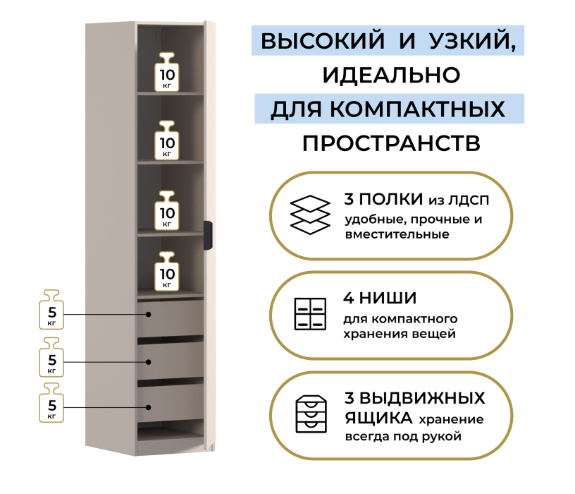 Для одежды, Шкаф однодверный Макс 500 мм, вариант №5 (ЛДСП/МДФ)