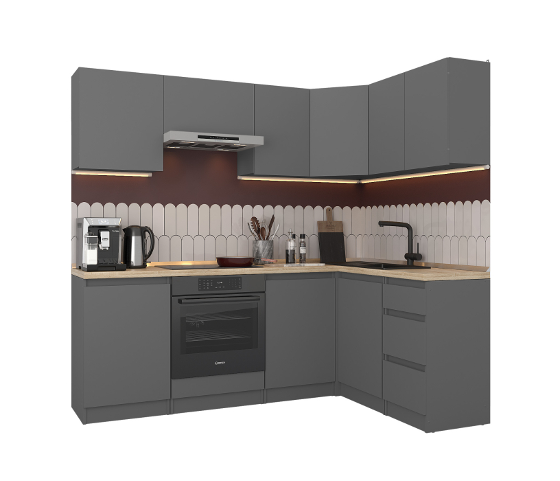 Кухонные гарнитуры, Кухонный гарнитур Леон угловой 210х140 см, диамант серый